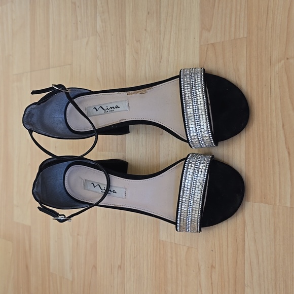 NINA Women's Elenora Black Dress Sandal Suede Leather Block Heels Size 8M - Picture 3 of 11